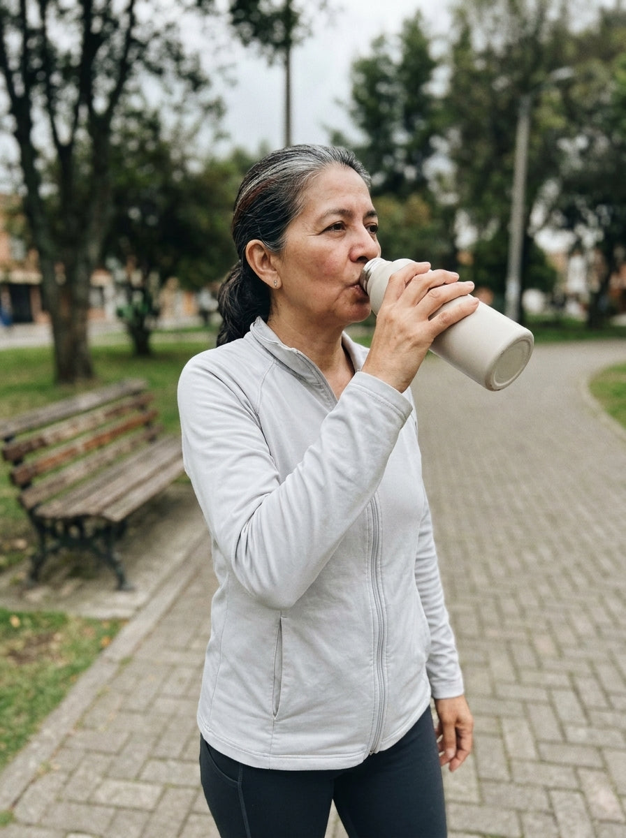 Mujer de 50 años tomando agua después de caminar
