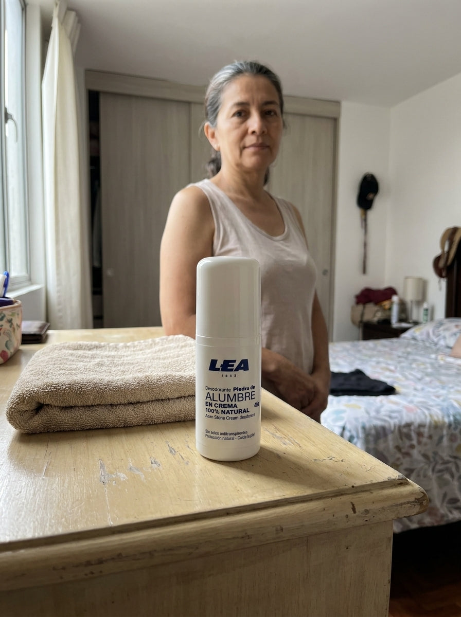 Mujer de 50 años en su habitación con el desodorante LEA de piedra de alumbre
