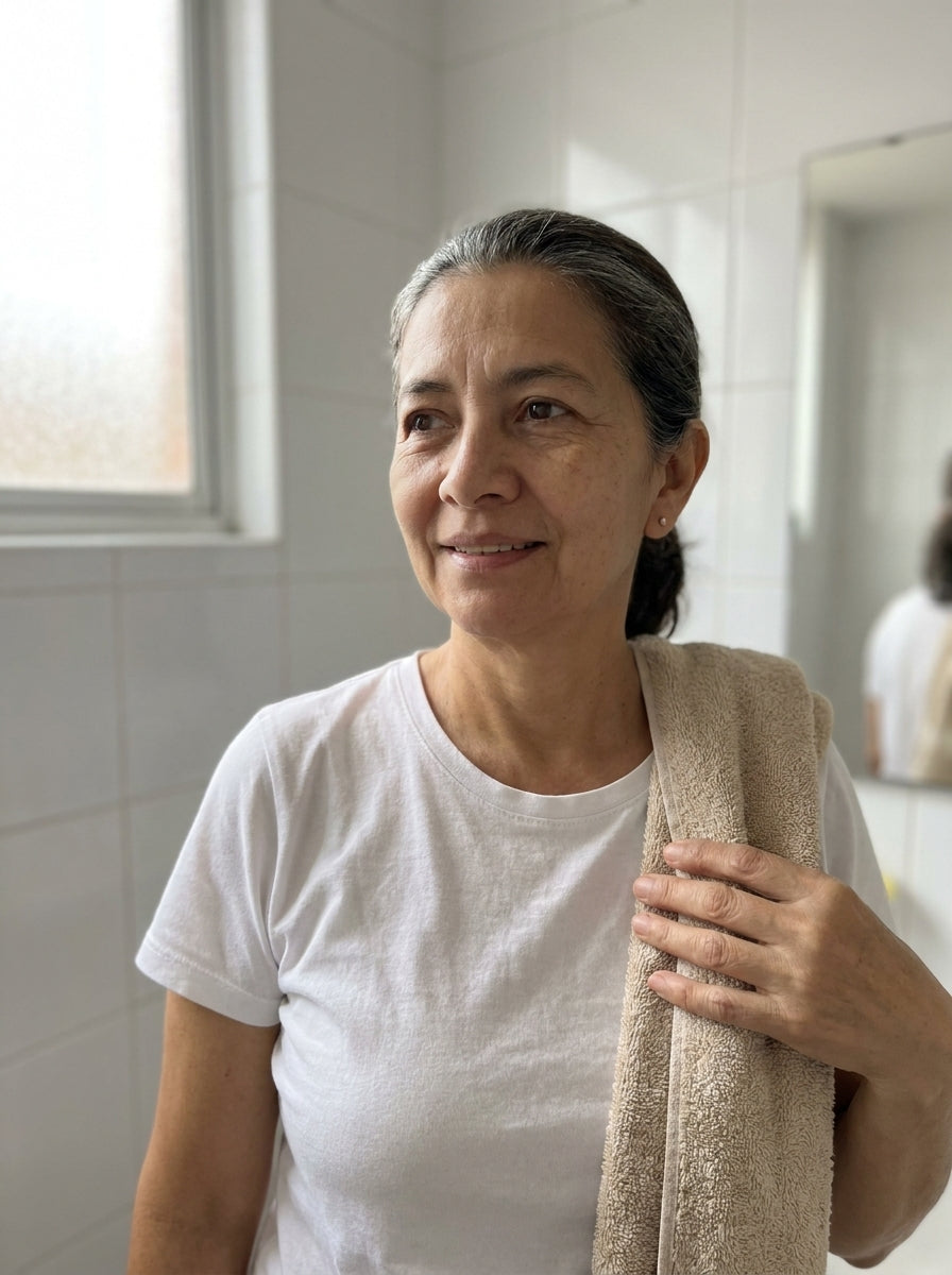 Mujer de 50 años recién bañada con la toalla al hombro
