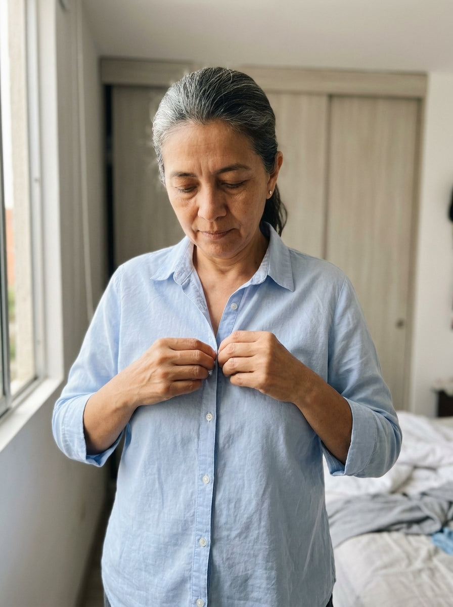 Mujer de 50 años abotonándose la blusa por la mañana