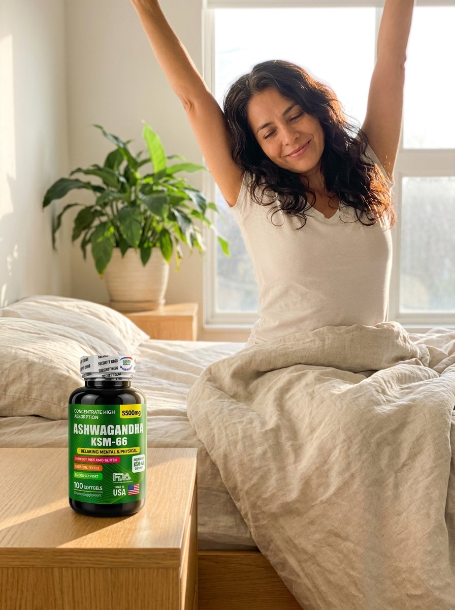 Mujer despertando descansada con el frasco de Ashwagandha KSM-66 en la mesa de noche