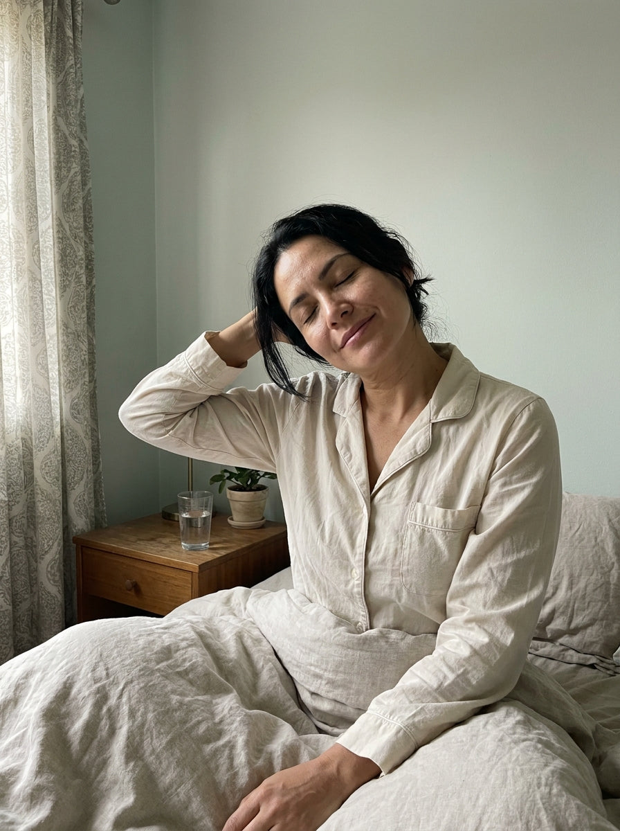 Mujer despertando descansada con luz de manana