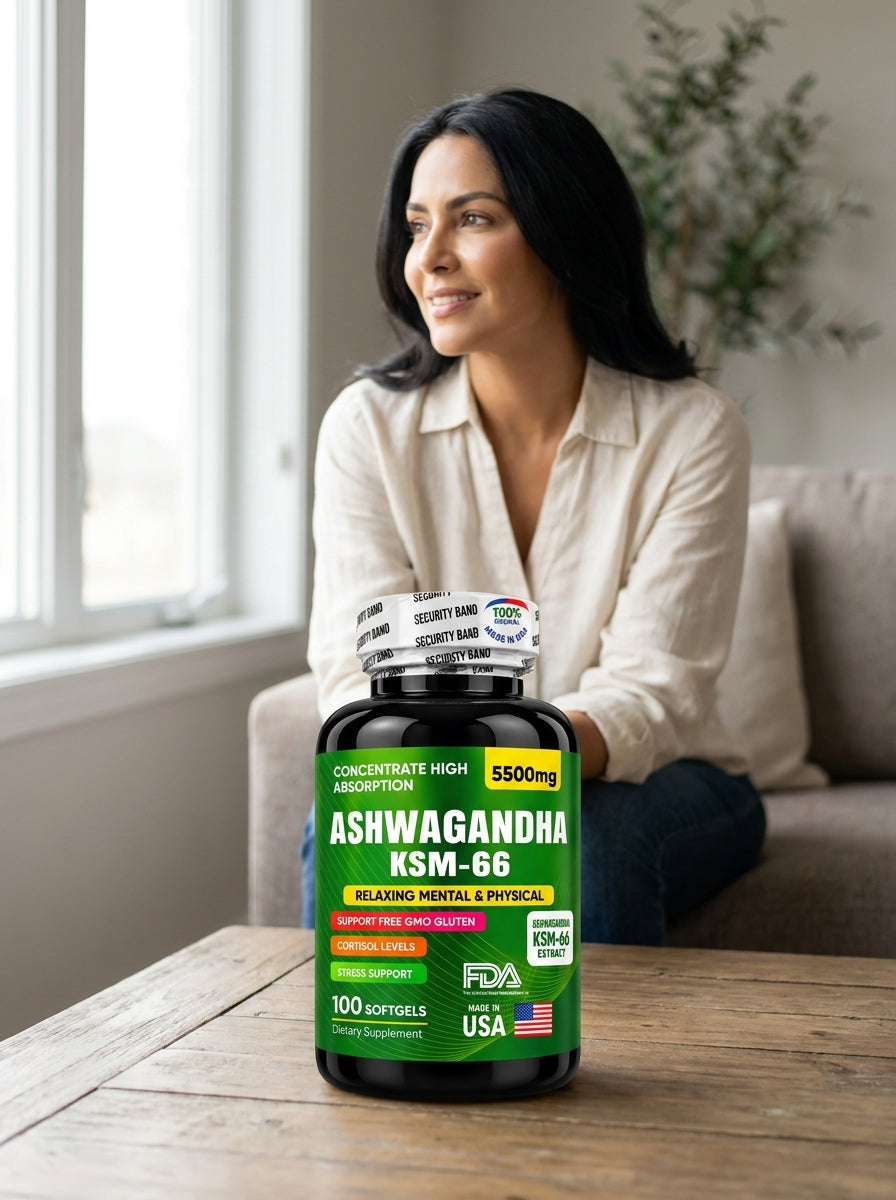 Frasco de Ashwagandha KSM-66 en la sala, con una mujer al fondo junto a la ventana