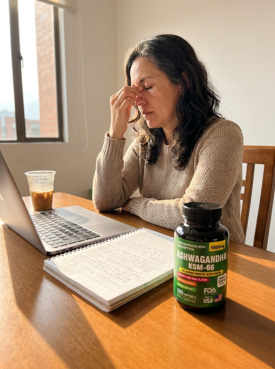 Mujer en pausa de trabajo por la tarde con el frasco de Ashwagandha KSM-66 sobre la mesa