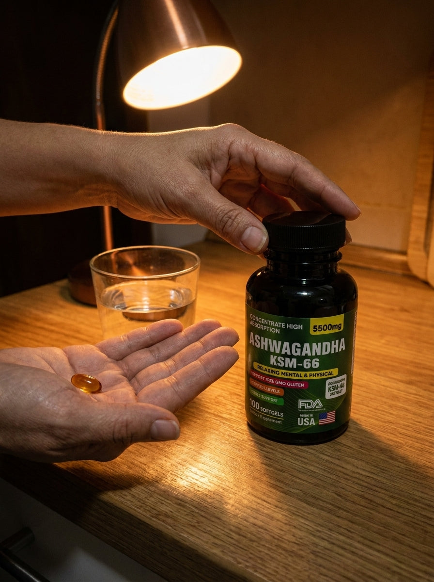 Manos sosteniendo una softgel de Ashwagandha KSM-66 junto al frasco en la cocina