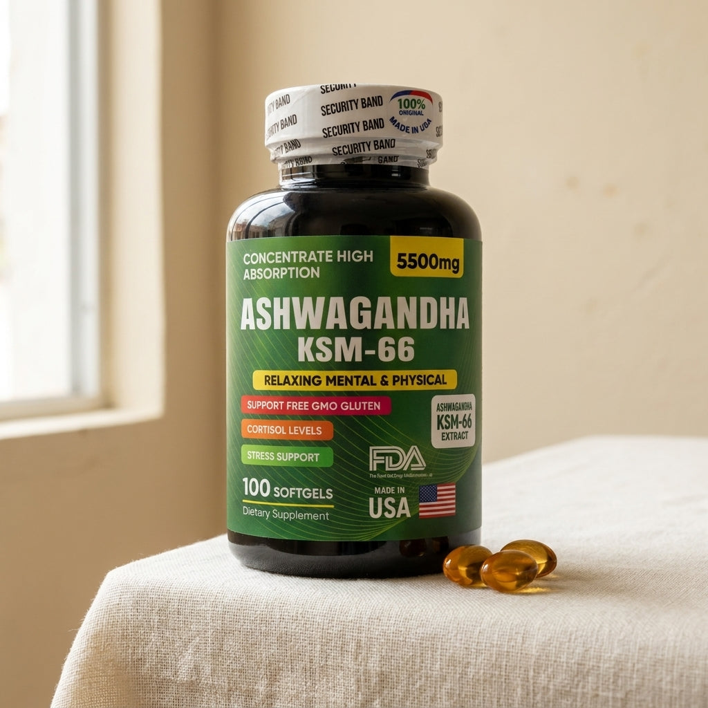 Ashwagandha Original KSM-66, frasco de 100 softgels sobre mantel de lino marfil
