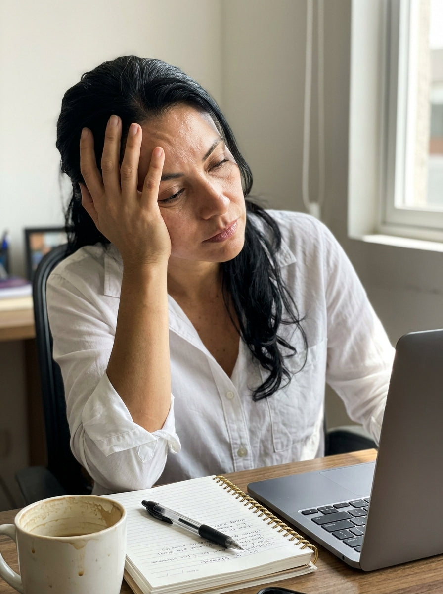 Mujer agotada frente al computador a las dos de la tarde