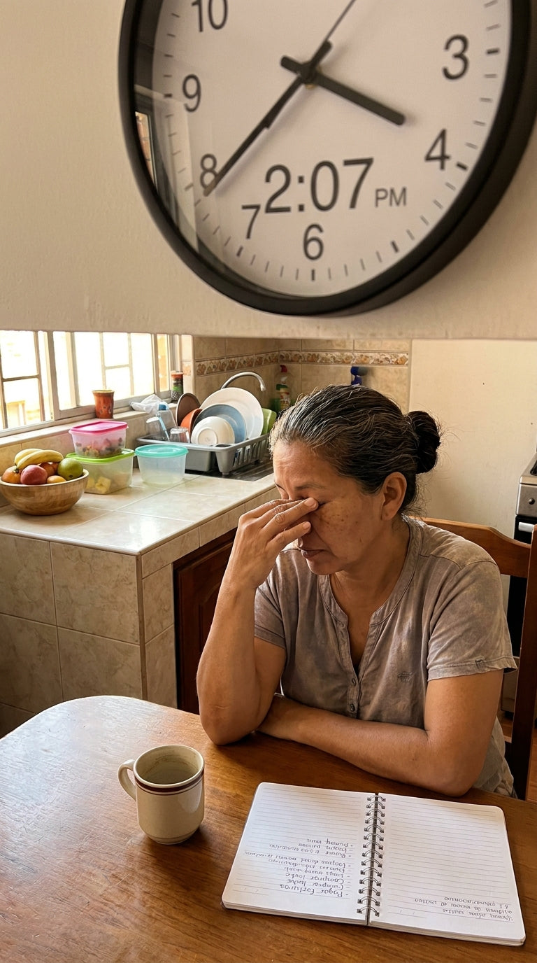 Mujer cansada en su cocina a las 2:07 de la tarde, frotándose los ojos