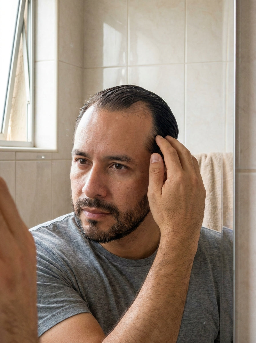 Hombre revisandose la entrada del cabello frente al espejo