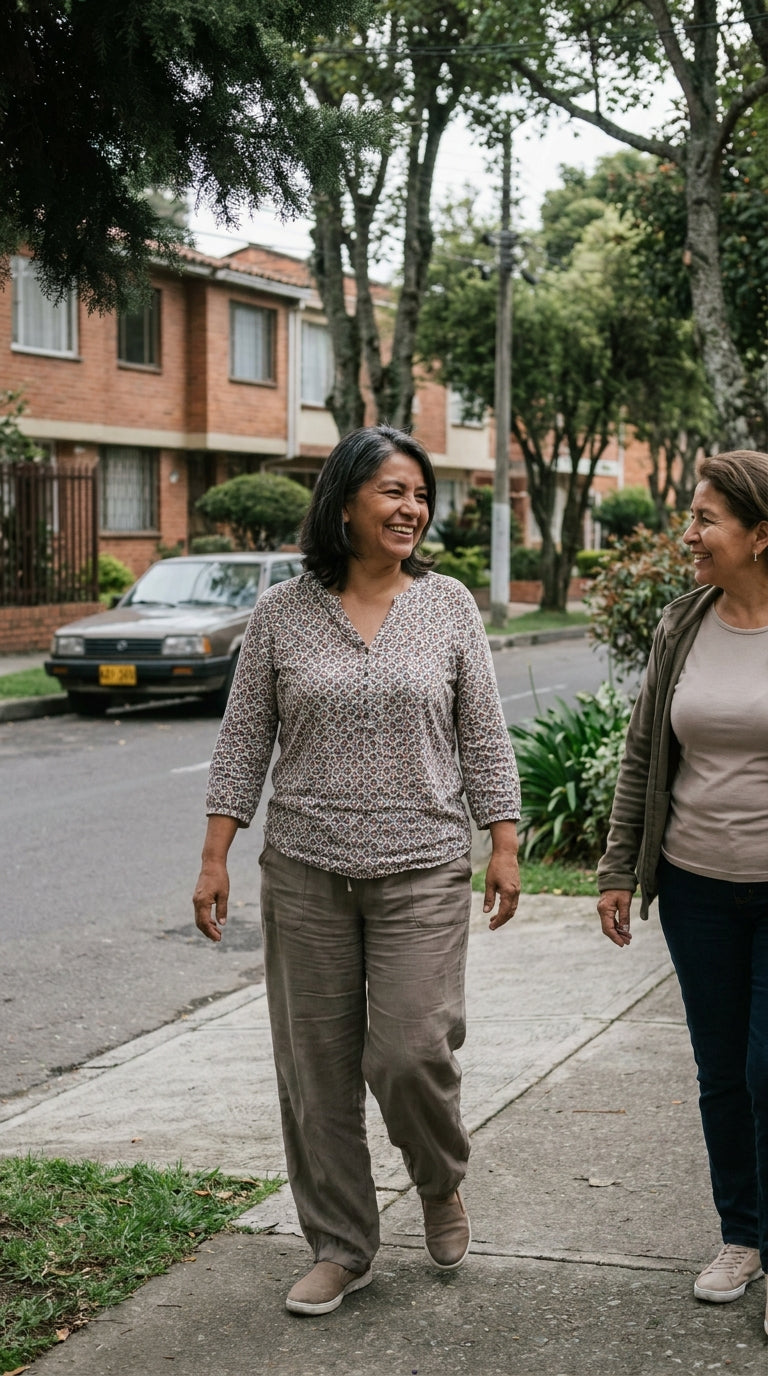 Dos mujeres de cincuenta años caminando y conversando por una calle residencial