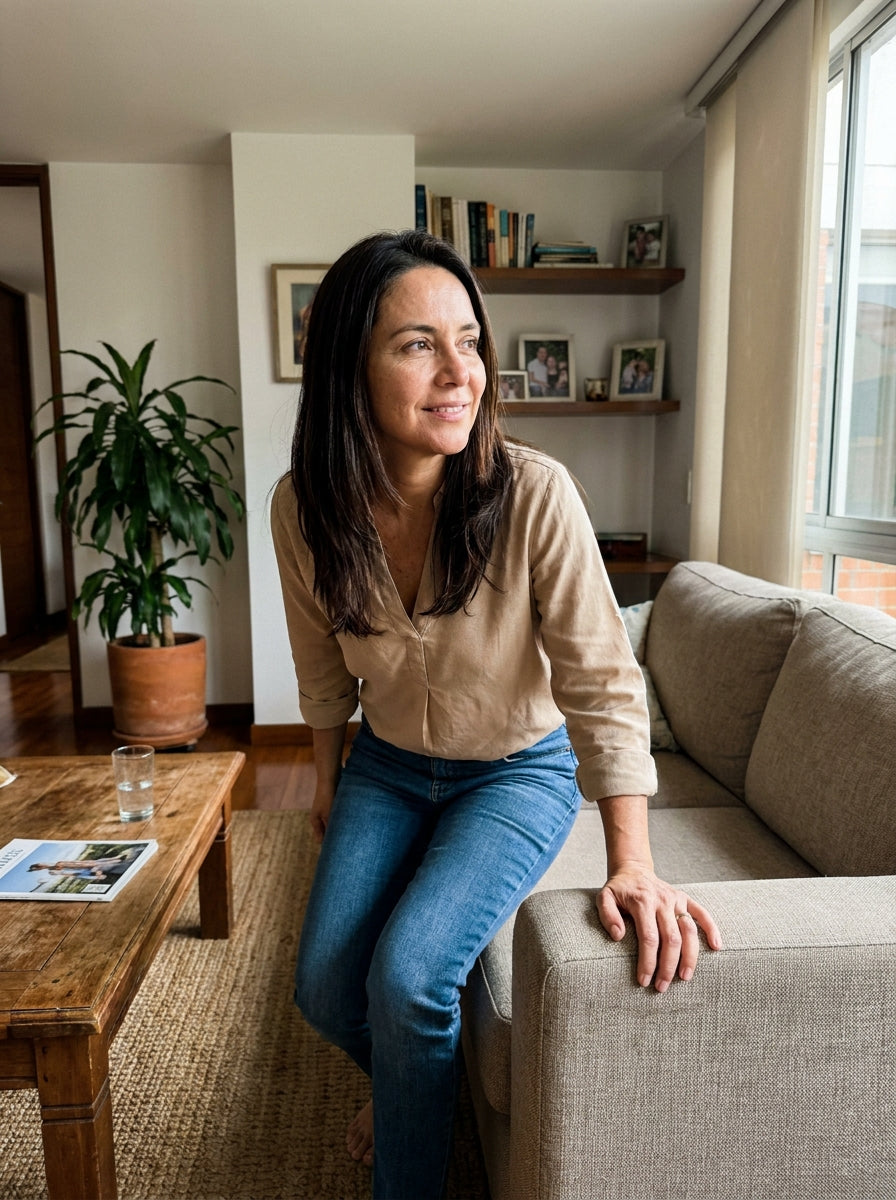 Mujer levantandose del sofa con soltura