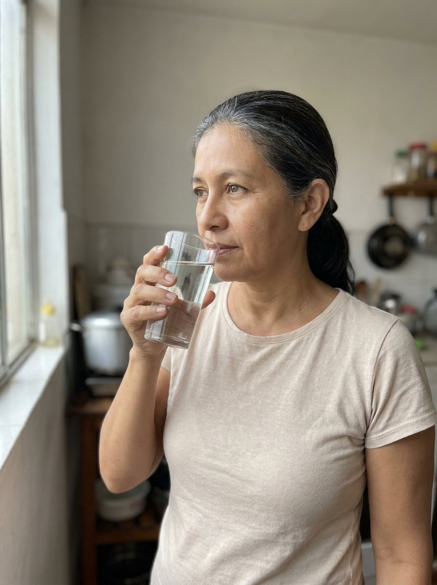 Mujer de 50 años tomando un vaso de agua en la cocina
