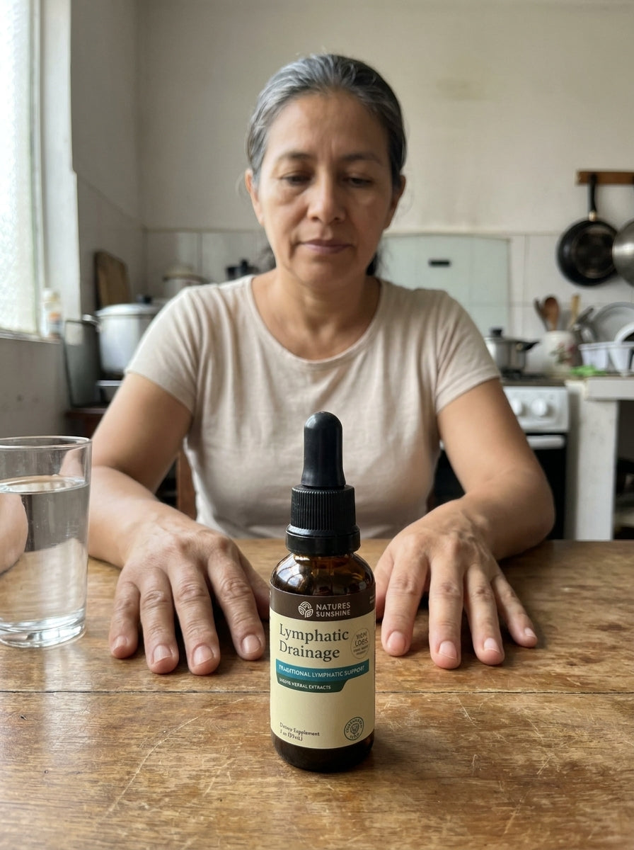 Mujer de 50 años en su cocina con el frasco de Lymphatic Drainage y un vaso de agua