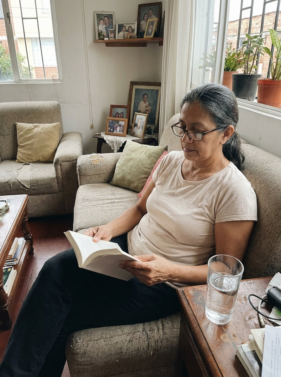 Mujer de 50 años leyendo en el sofá con un vaso de agua