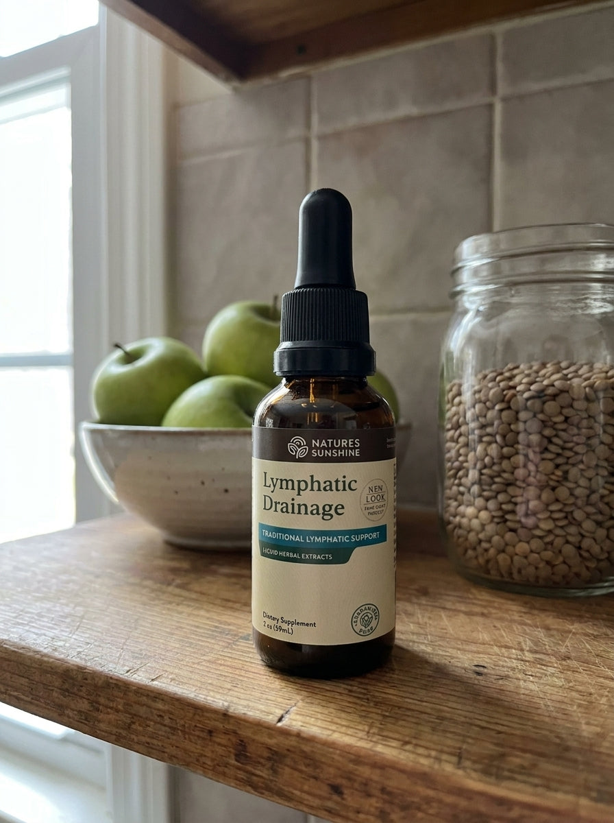 Frasco Lymphatic Drainage en la repisa de la cocina