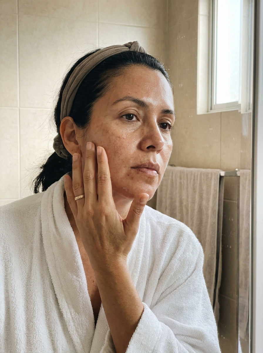 Mujer revisandose la piel frente al espejo