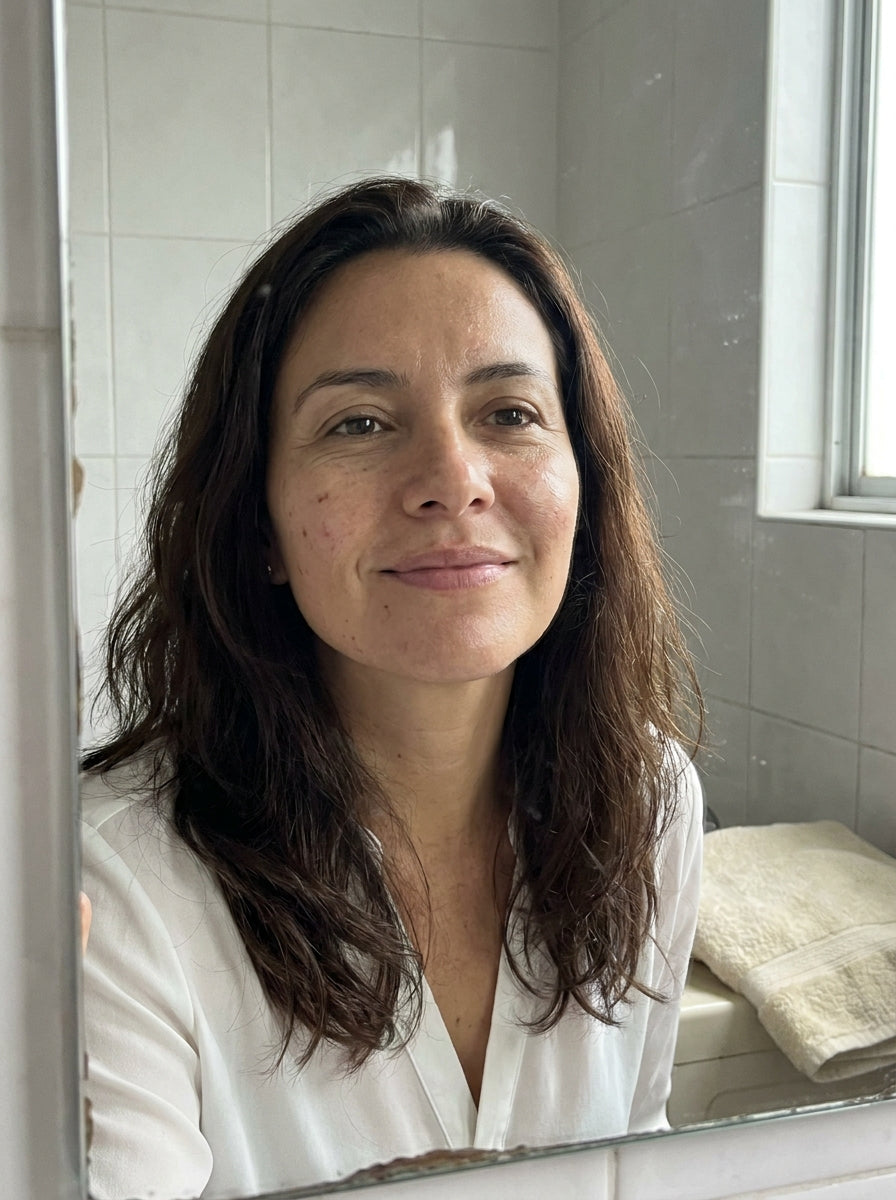 Mujer con la piel mas pareja frente al espejo