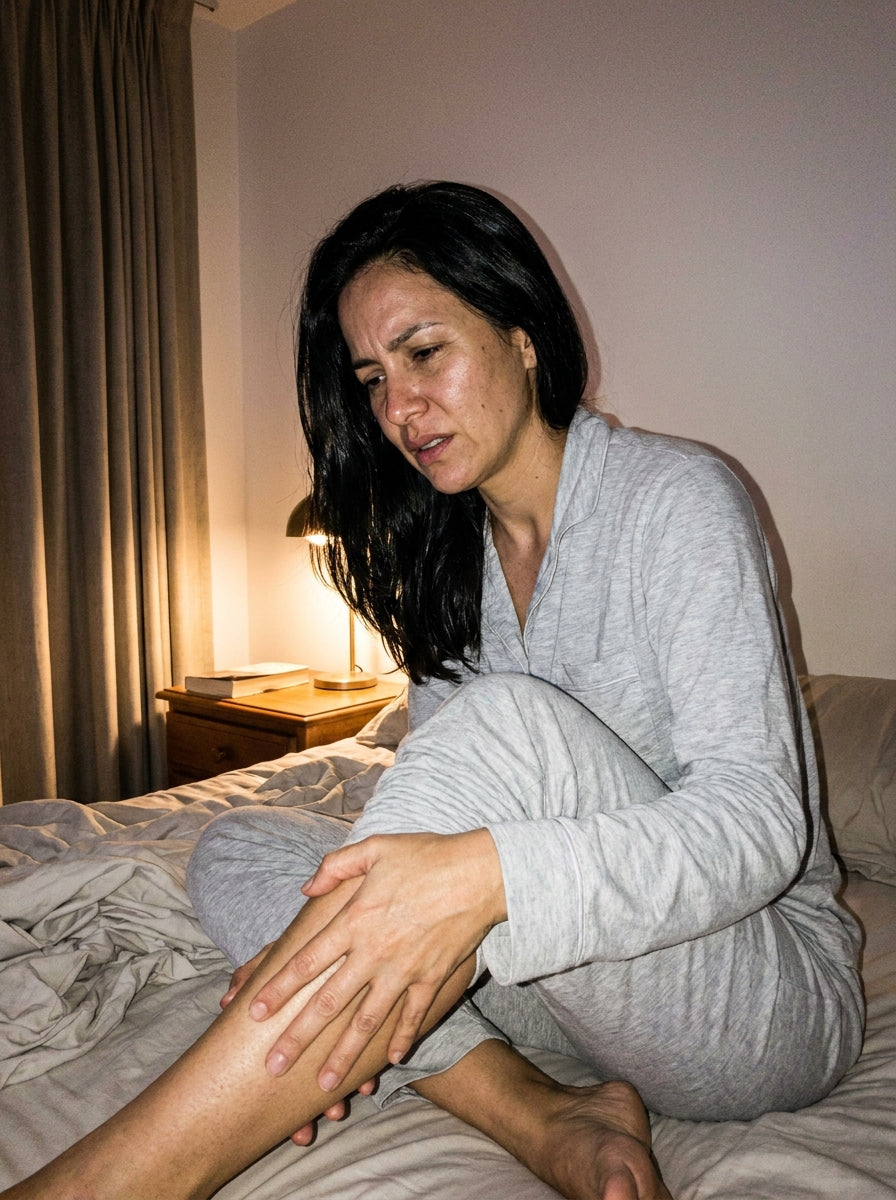 Mujer frotandose la pantorrilla de madrugada