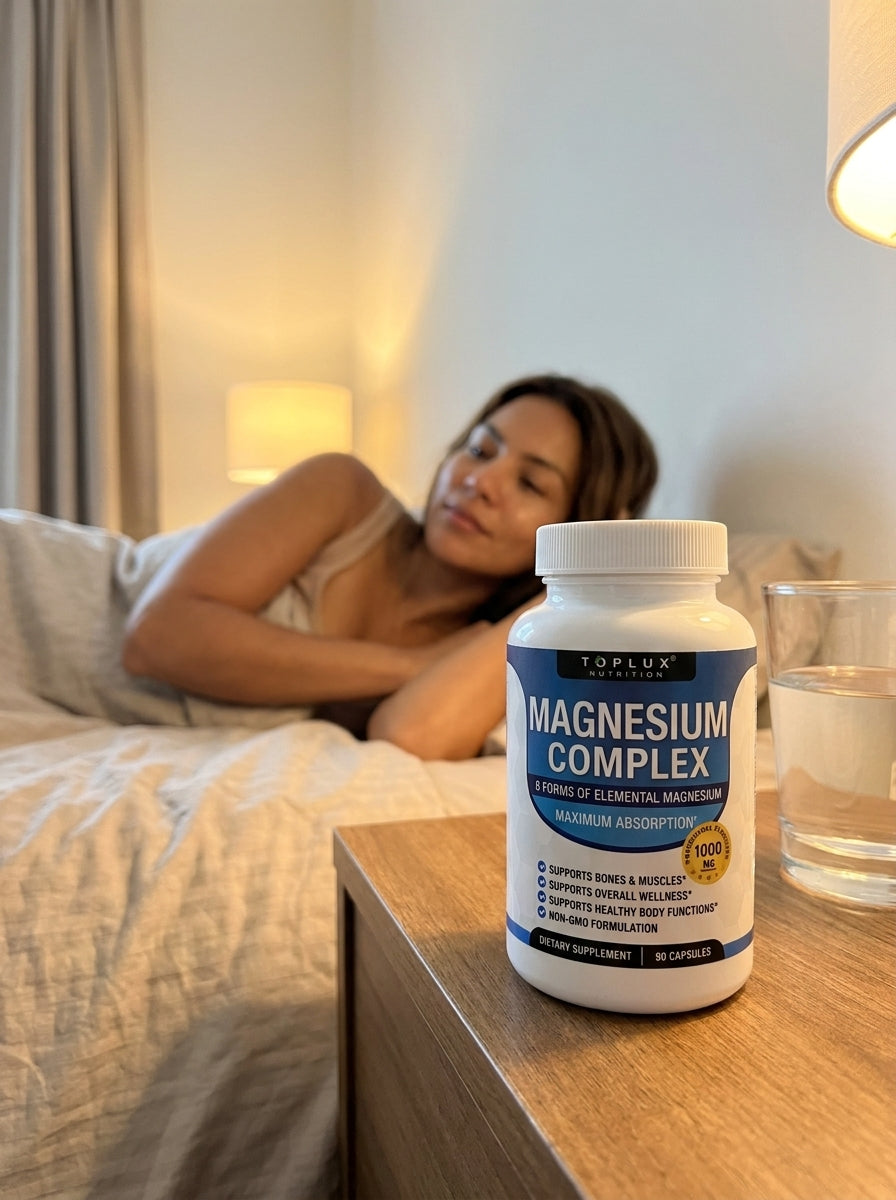 Frasco de Magnesium Complex en la mesa de noche