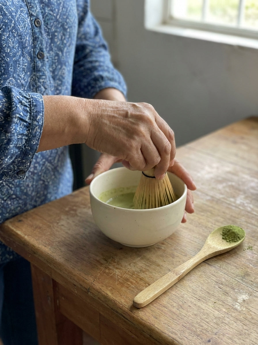 Manos batiendo el té matcha en un tazón