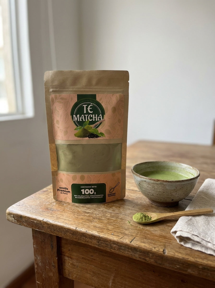 Bolsa de Té Matcha con tazón, cuchara y servilleta sobre la mesa