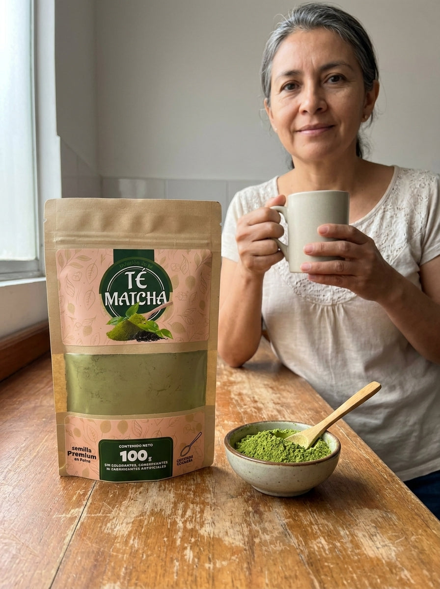 Mujer de 50 años en su cocina con la bolsa de Té Matcha