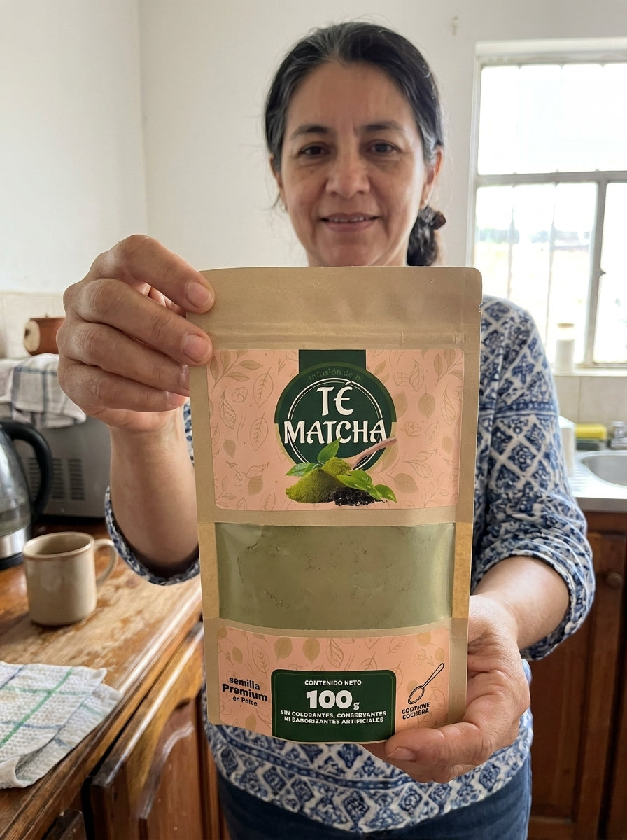 Mujer de 50 años en su cocina mostrando la bolsa de Té Matcha Premium