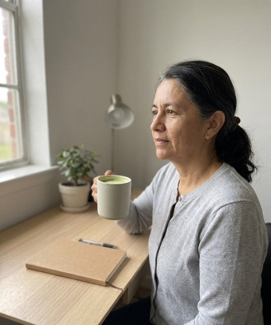 Mujer de 50 años en su escritorio con una taza de matcha latte