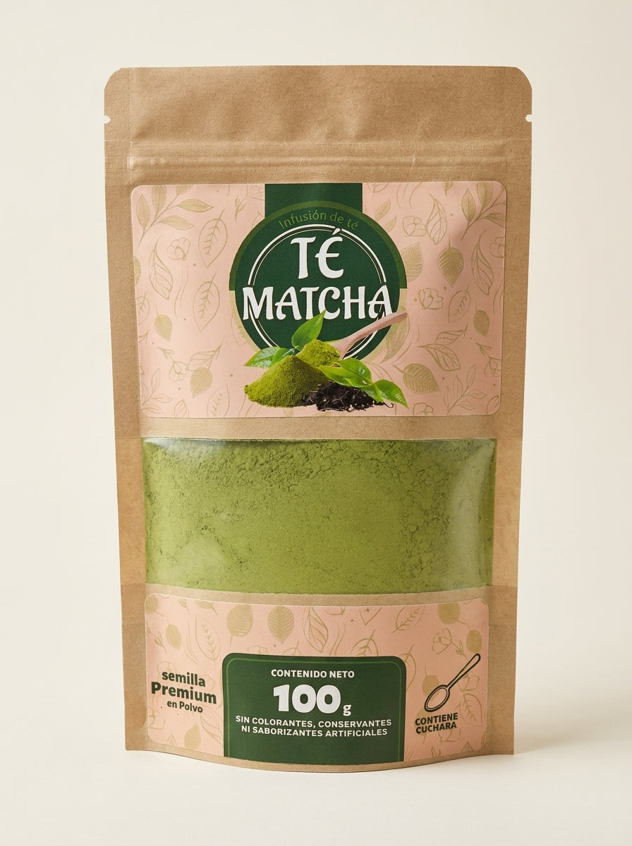 Bolsa de Té Matcha Premium 100 g sobre fondo marfil