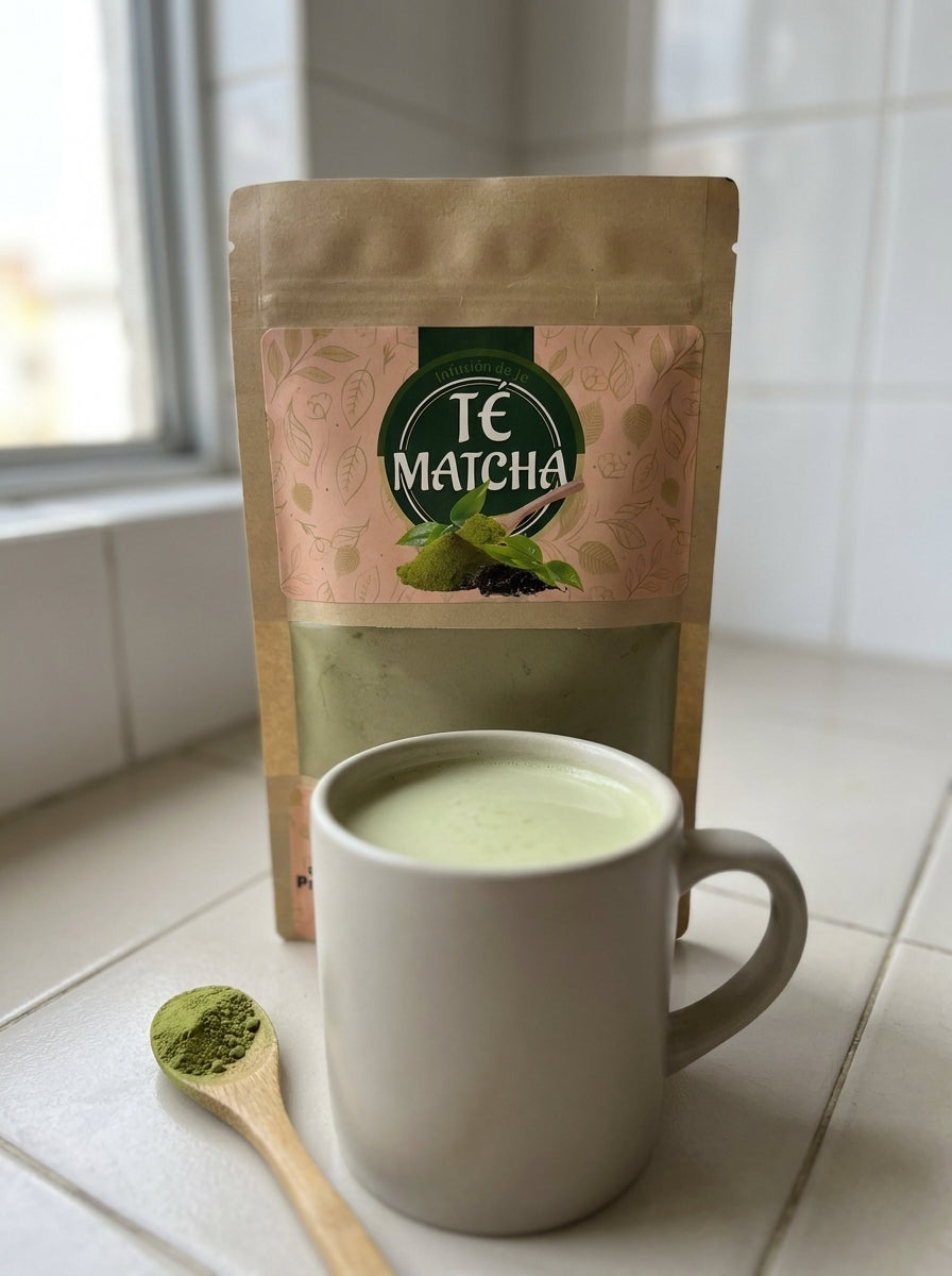 Bolsa de Té Matcha con una taza de matcha latte y cuchara