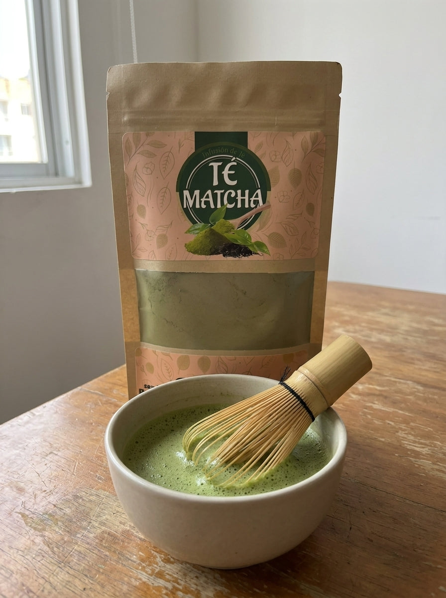 Bolsa de Té Matcha detrás de un tazón con matcha batido