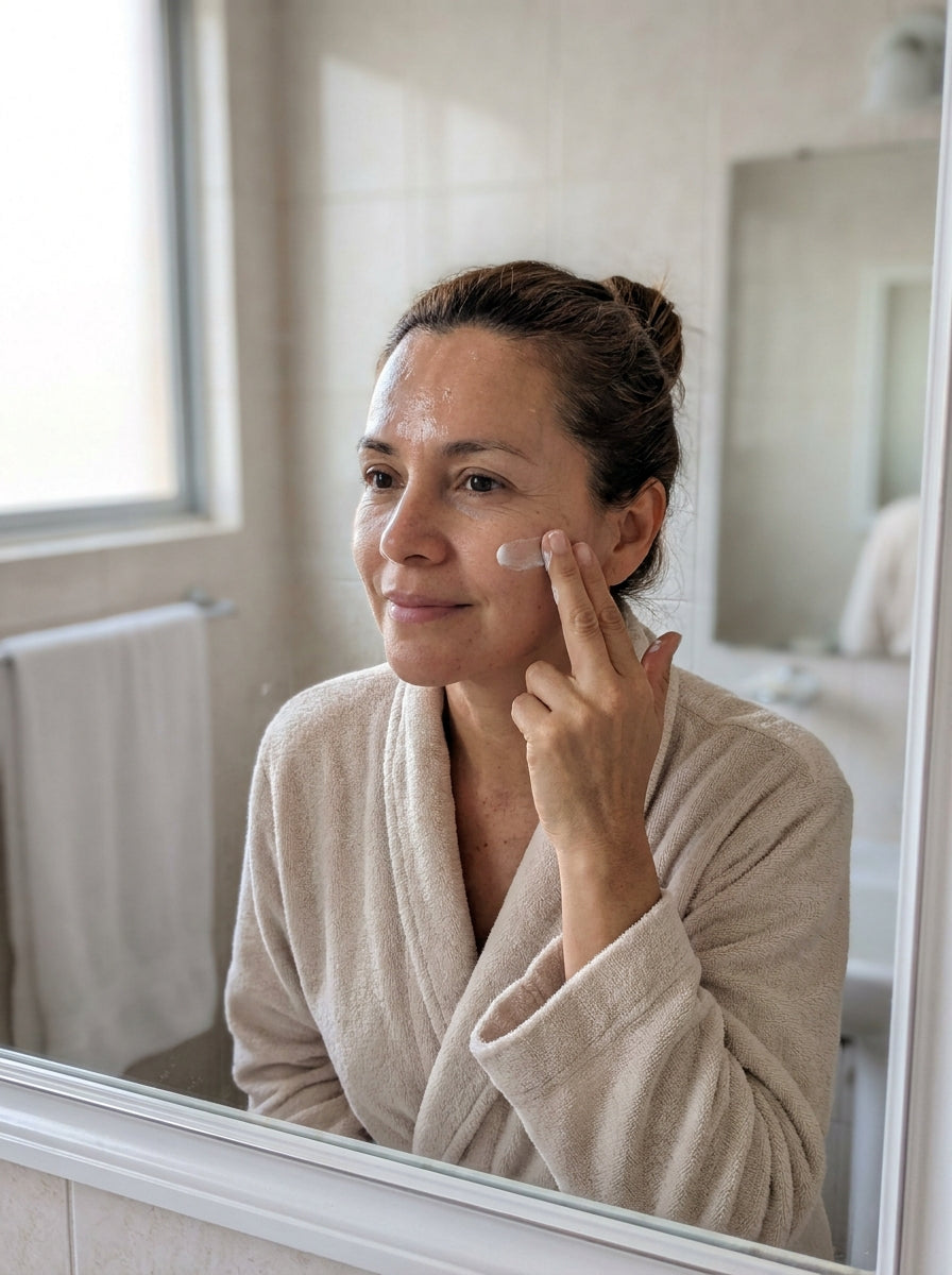 Mujer aplicandose crema en el pomulo