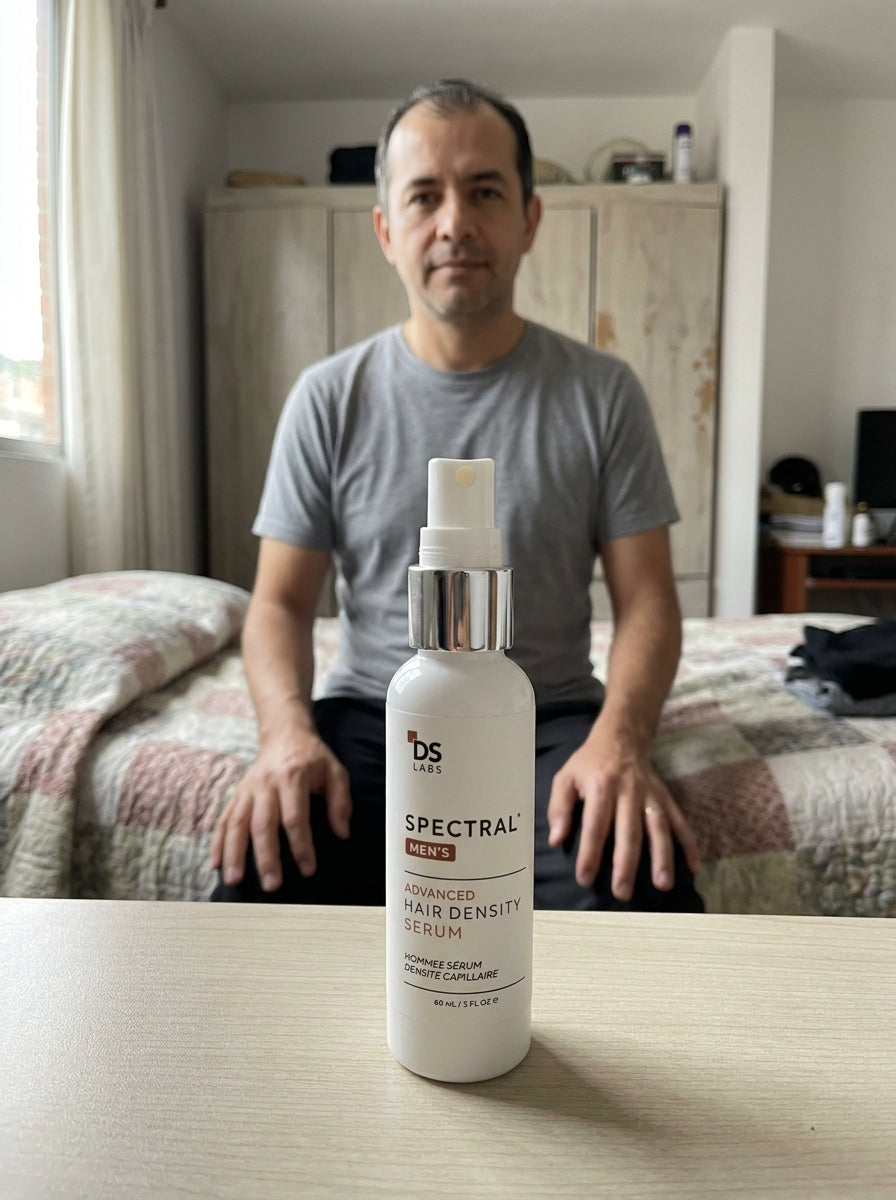 Hombre de 47 años con el sérum Spectral Men's en su habitación
