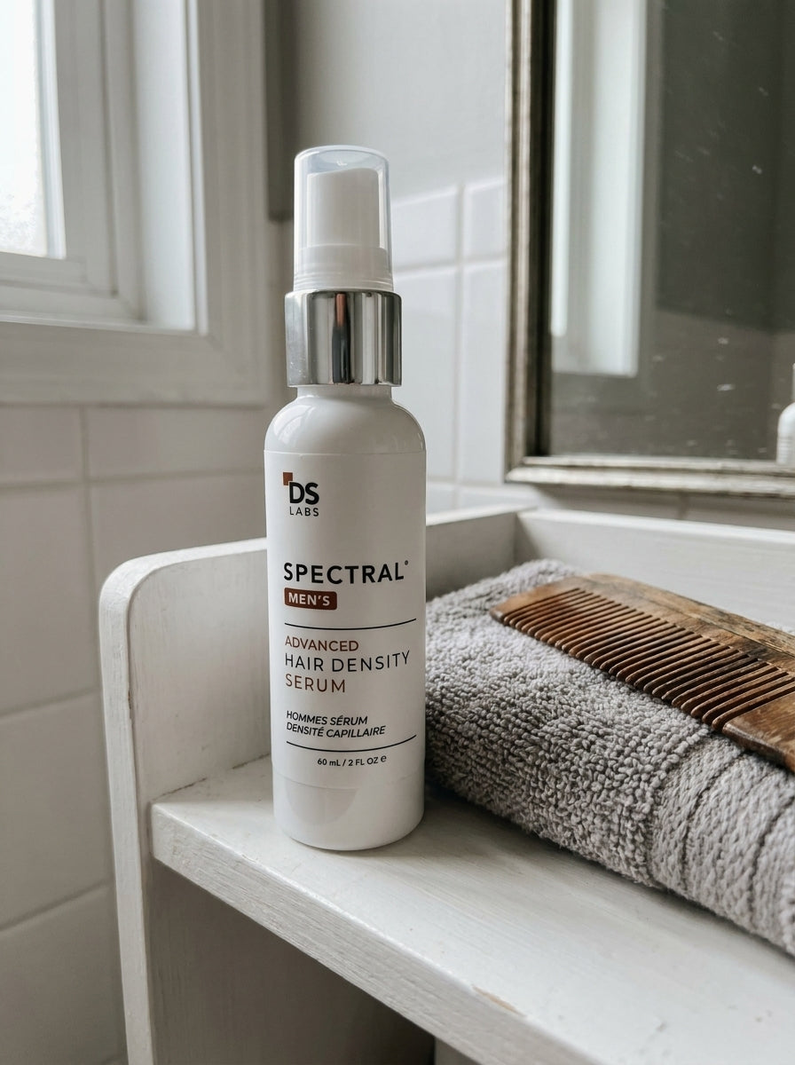 Sérum Spectral Men's en la repisa del baño con toalla y peine